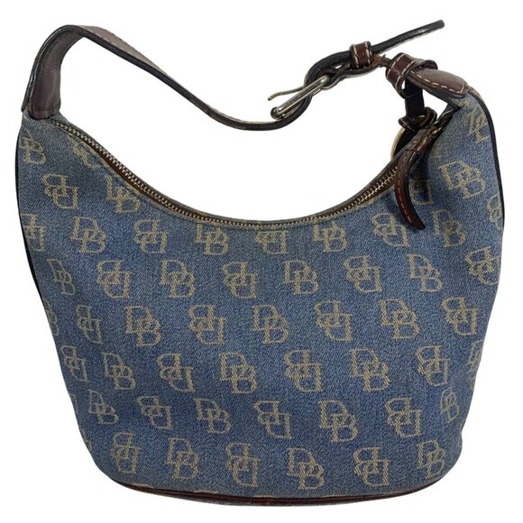Dooney Bourke Blue Denim Jeans DB Logo Brown Leather Mini Hobo Bag Vintage Y2K - Picture 3 of 16